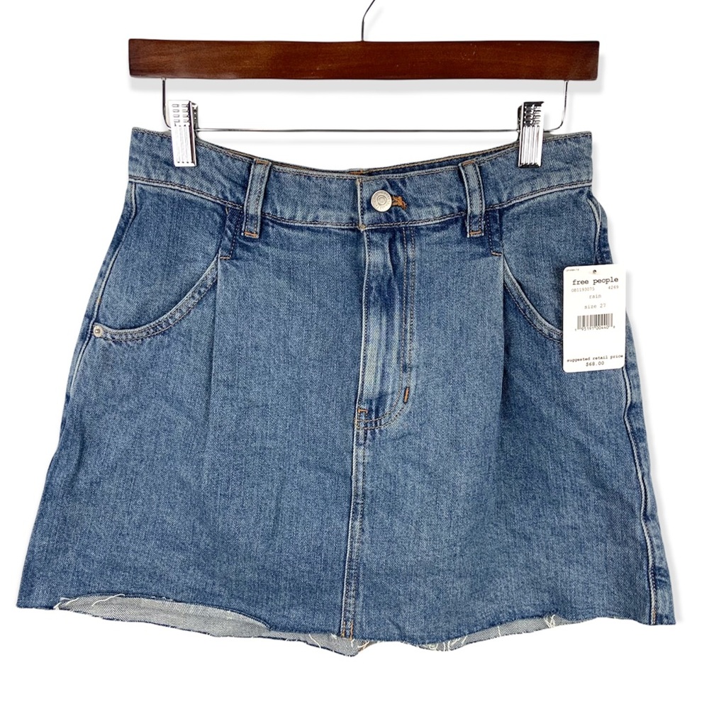 Free People Rain Blue Cosmico Flirt Denim Raw Hem Short Jean Skirt
